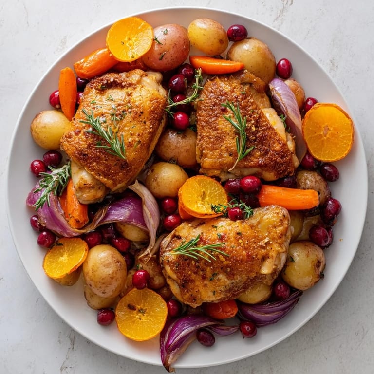 Fragrant One-Pan Olive Oil Roast Chicken with juicy cranberries, perfect for a flavorful weeknight dinner.