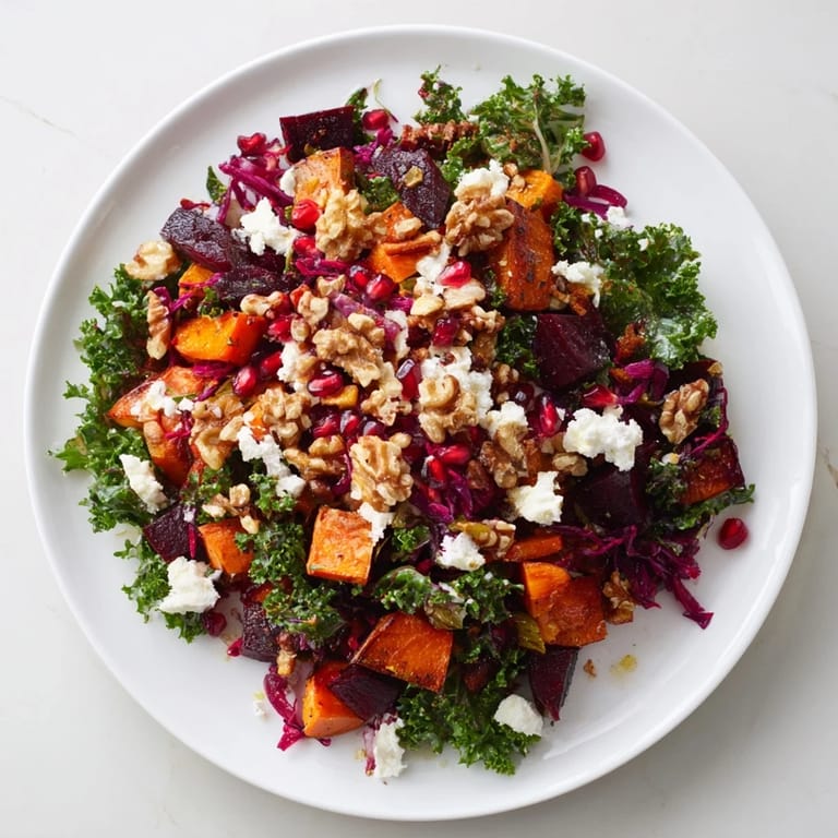 Freshly made Hot Girl Winter Salad featuring colorful, perfectly roasted vegetables for a healthy meal.