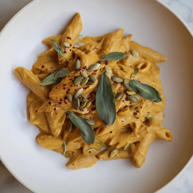 Delicious, creamy Vegan Pumpkin Pasta, perfectly coated in a savory, autumn-inspired sauce.