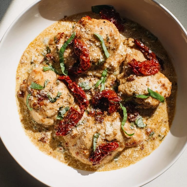 A close-up shot of the savory Marry Me Chicken Thighs, perfectly cooked in a creamy tomato sauce.