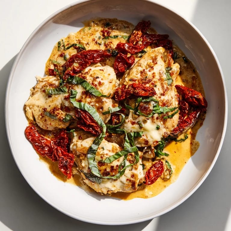 Delicious and comforting Marry Me Chicken Thighs, ready to serve with a garnish of fresh basil.