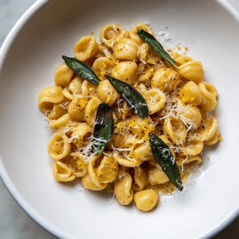 Tender ditalini pasta swimming in rich brown butter, garnished with sage – a delicious Brown Butter & Sage Ditalini.
