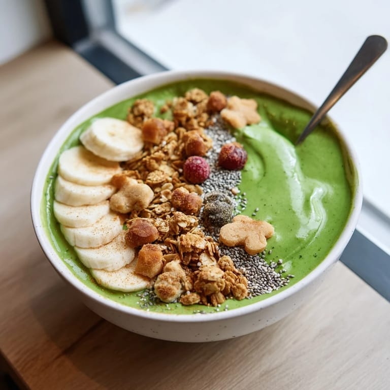 A creamy, vibrant Gingerbread Cookie Matcha Breakfast Smoothie Bowl, swirled with green matcha goodness, ready to eat.