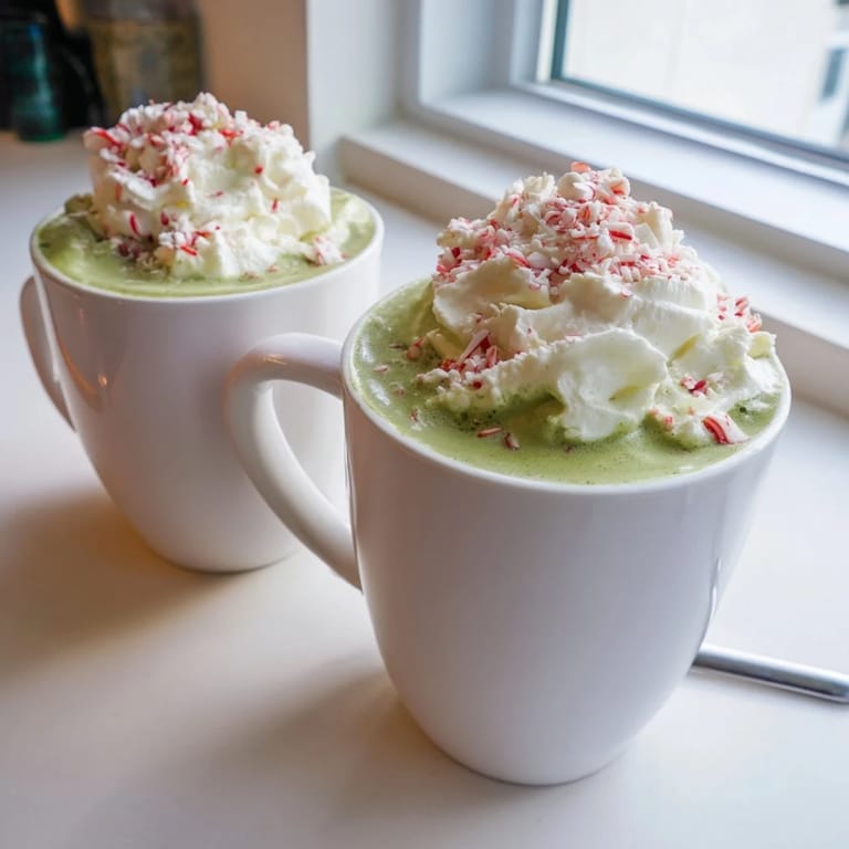 Frothy, layered Cozy Peppermint Matcha Christmas Latte offering a delightful blend of flavors and festive cheer.