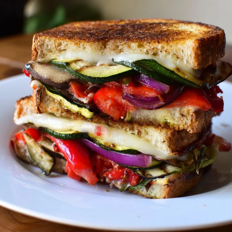Crispy, golden sourdough sandwich bursting with savory sheet-pan roasted veggie Caprese flavors, perfect for lunch.