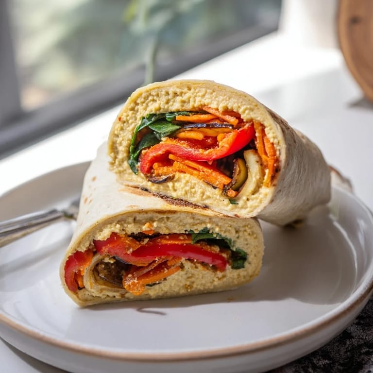 A close-up of a perfectly constructed snowflake hummus wrap, overflowing with colorful roasted vegetables.