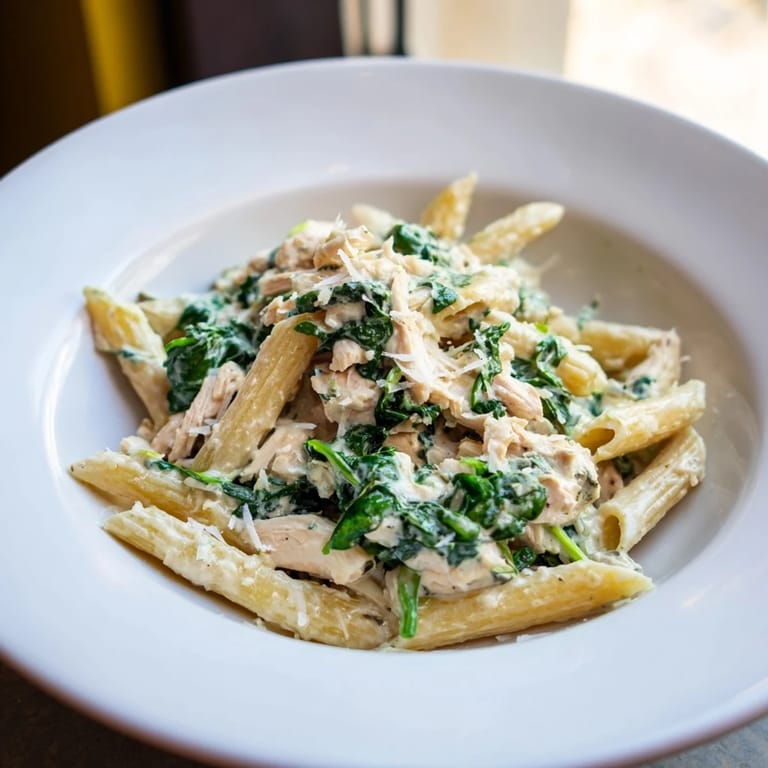 Tender turkey and vibrant spinach shine in this one-pot creamy Christmas pasta dish.