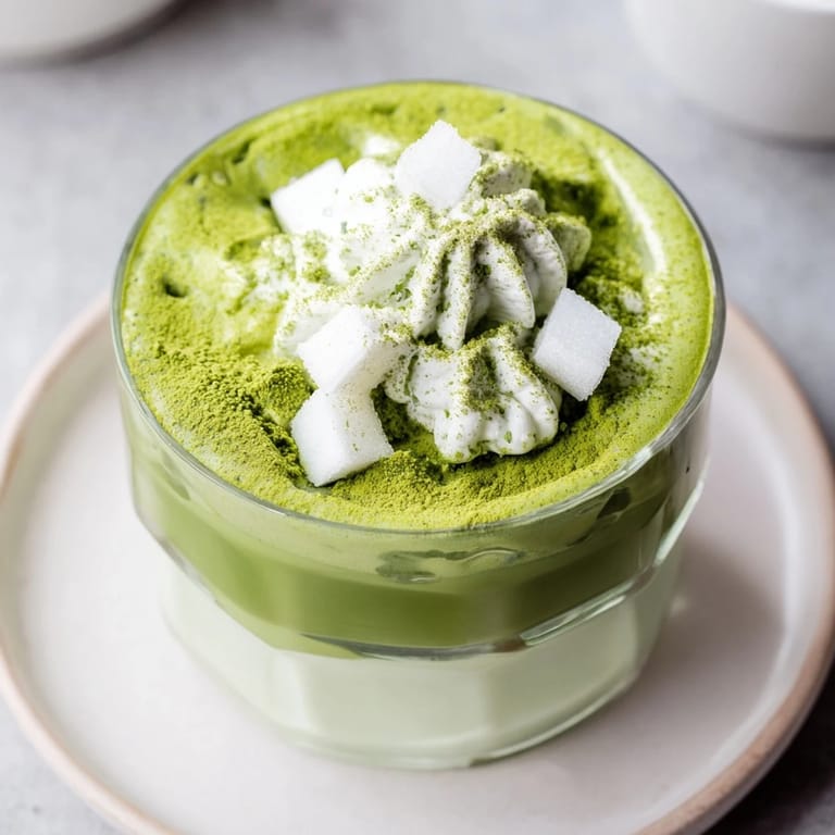 This vibrant Sugar-Free White Chocolate Candy Cane Iced Matcha features a layered minty drink topped with whipped cream.