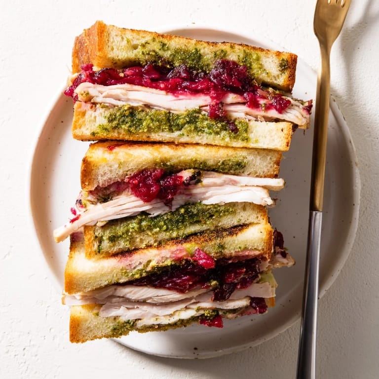 Inside a toasted Pesto Cranberry Turkey Grilled Cheese Melt, visible layers of turkey and cranberry sauce.