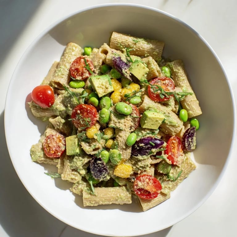 Bright green Holiday Glow Green Goddess Protein Pasta Salad, showcasing fresh herbs and a tangy dressing.
