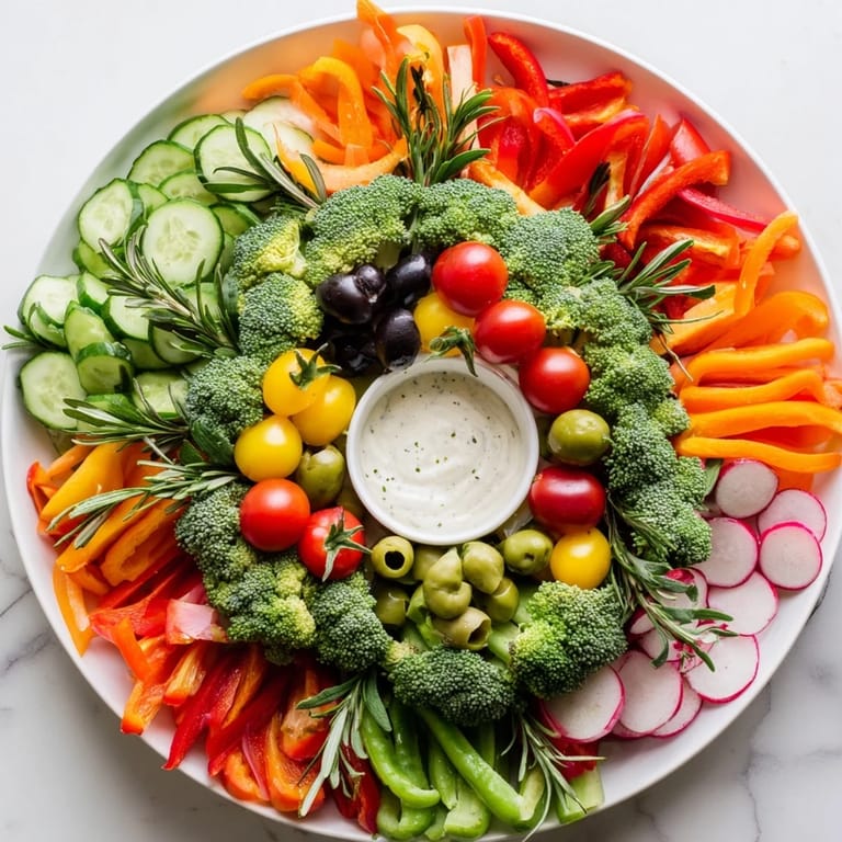 A vibrant wreath veggie dip platter: fresh carrots, tomatoes, and broccoli surrounding creamy ranch dip.