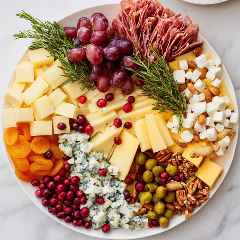 Festive Holiday Wreath Cheese Platter, garnished with rosemary, promises delicious flavors and textures for your gathering.