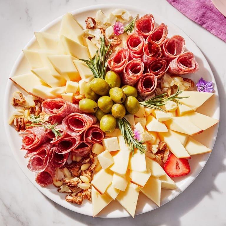 Enjoy a colorful star-shaped appetizer board, overflowing with savory meats, fresh fruit, and crunchy nuts.