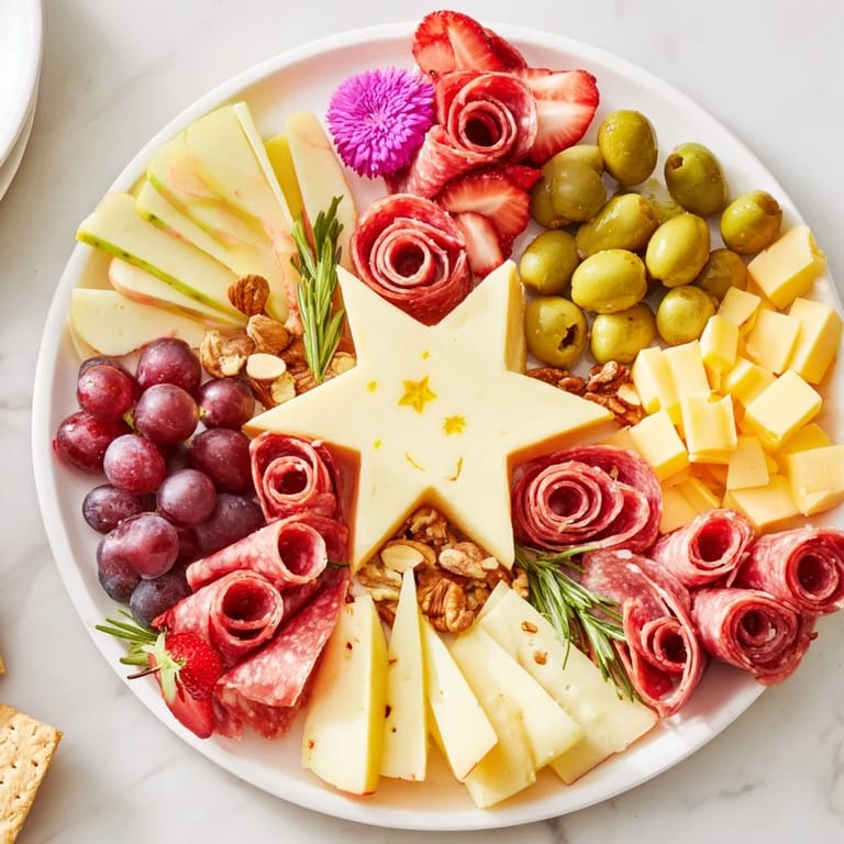 Beautiful, festive star-shaped appetizer board, perfect for sharing, filled with delicious party snacks and treats.