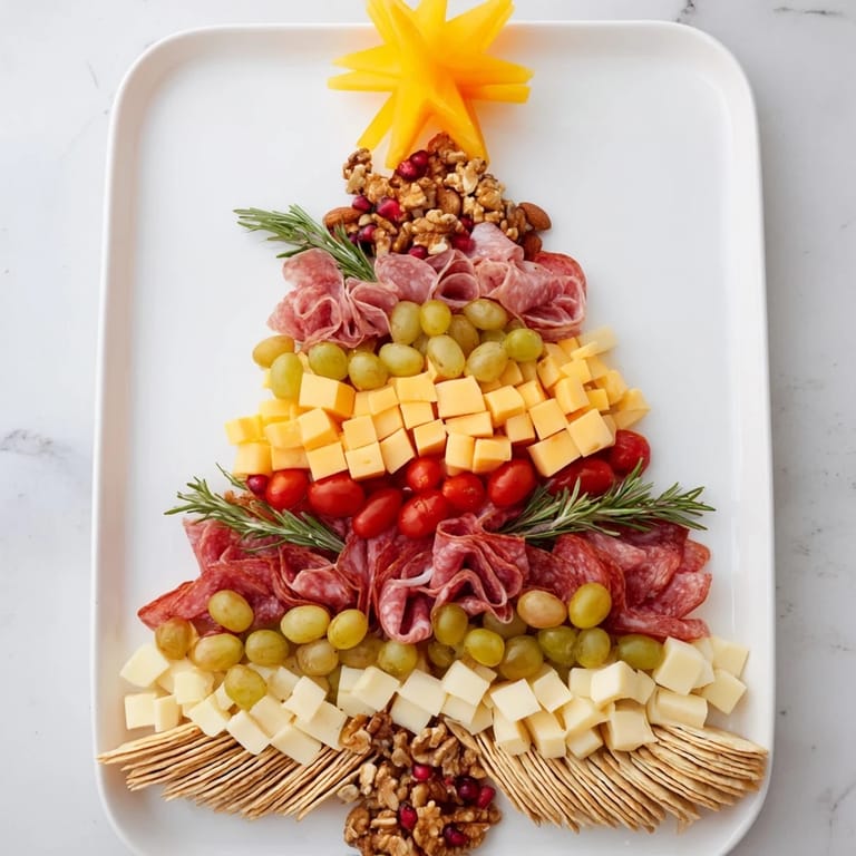 A gorgeous Christmas Tree Charcuterie Dream, showcasing sliced salami, fresh fruit, and creamy brie arrangements.