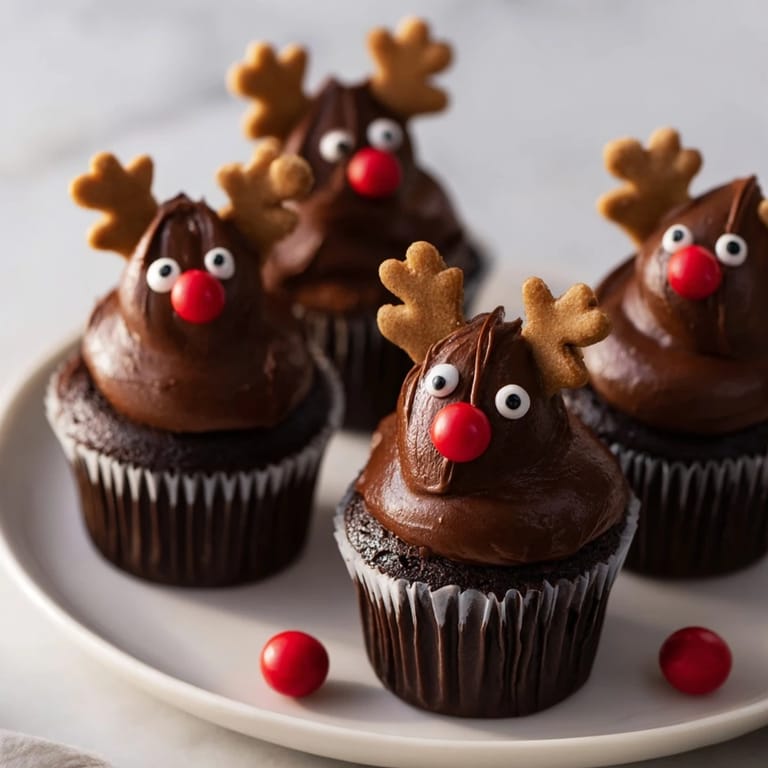 A beautiful Reindeer Holiday Dessert Platter arranged with chocolate cupcakes perfect for the holidays.