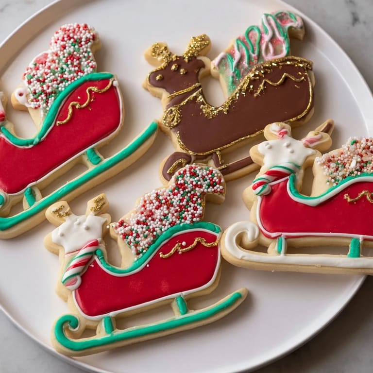 Artistically decorated Santa's Sleigh cookies, a whimsical American dessert perfect for Christmas.