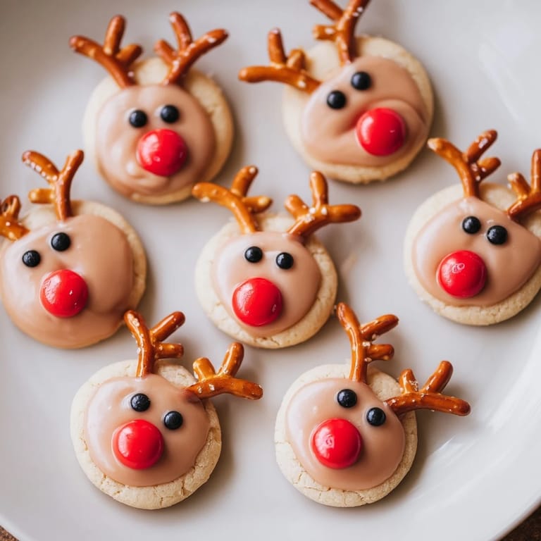 Close-up of a delightful Santa's Reindeer Cookie Platter, capturing the charming faces and pretzel antlers.