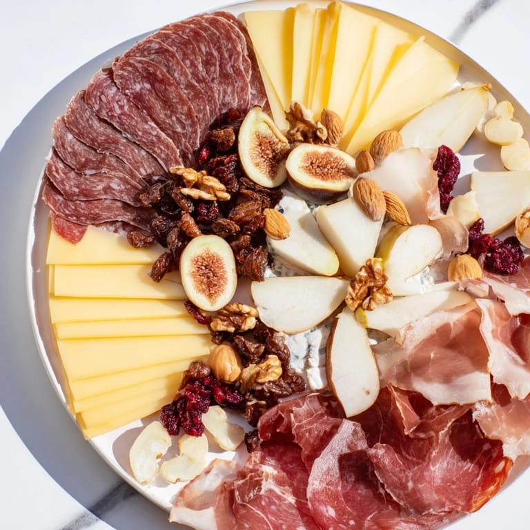 Enjoy a tempting view of the Majestic Venison Charcuterie Platter, pairing cured venison with grapes and crackers.