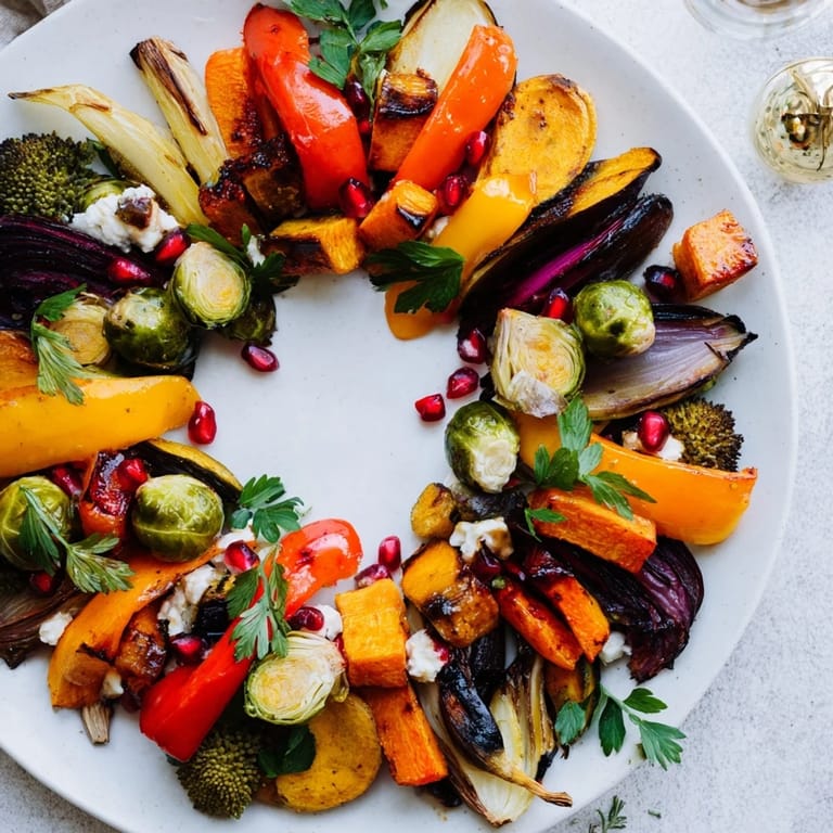 The savory Festive Vegetable Christmas Wreath features roasted root vegetables and vibrant bell peppers.