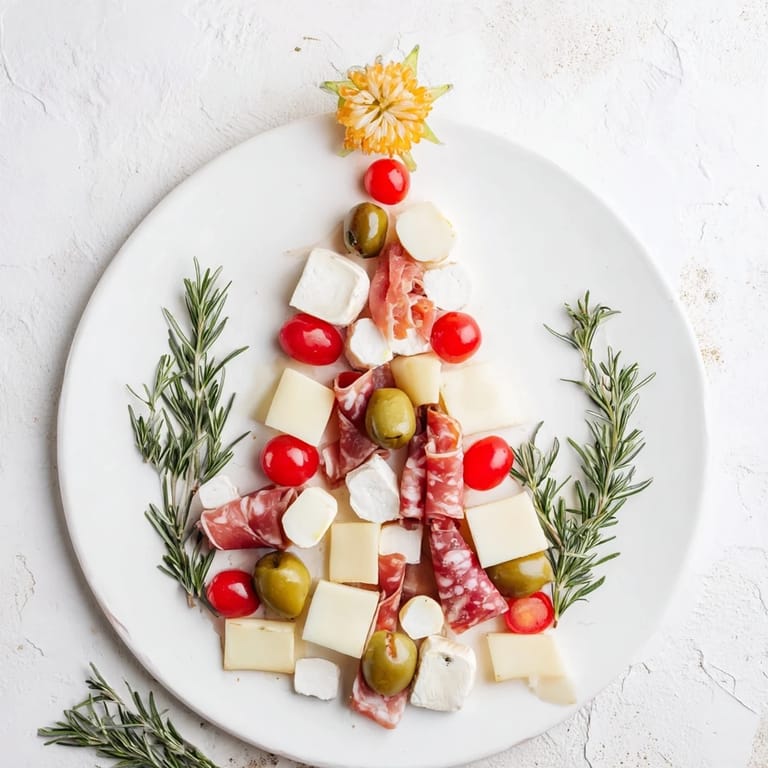 A close-up reveals a delicious Festive Holiday Tree Appetizer Platter with colorful, savory elements for easy holiday enjoyment.