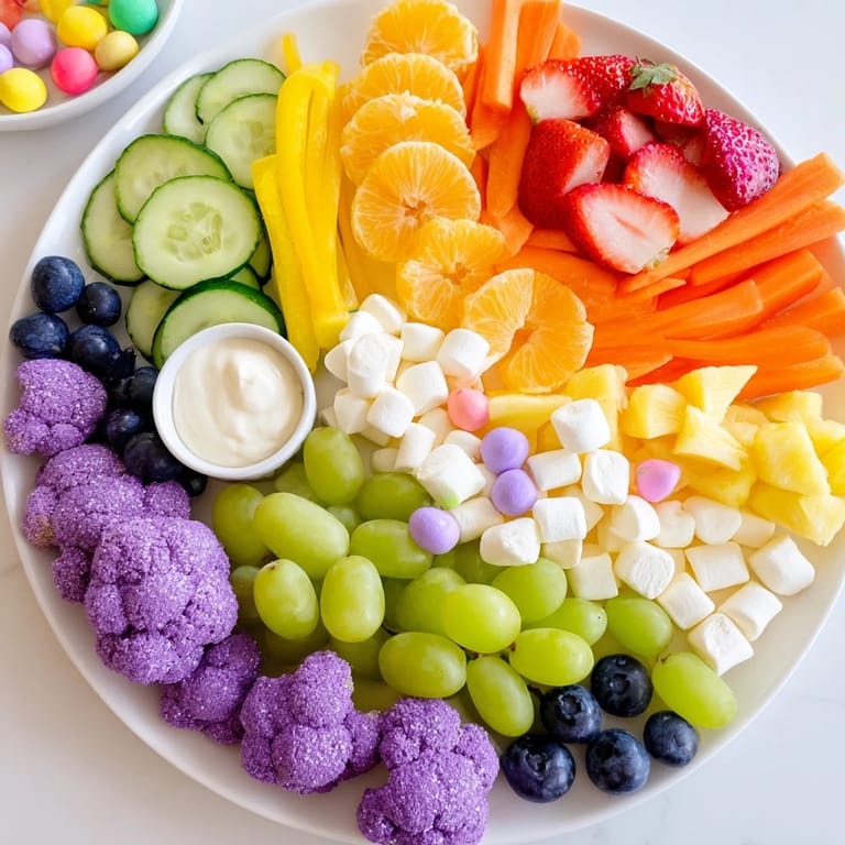 Beautifully arranged Magical Unicorn Rainbow Snack Board, featuring fresh, rainbow-colored fruits, perfect for parties.