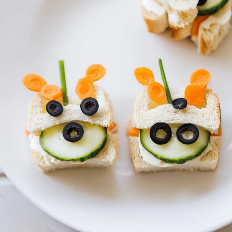 Cute bee sandwich cutouts feature black olive stripes and chive antennae ready to eat.