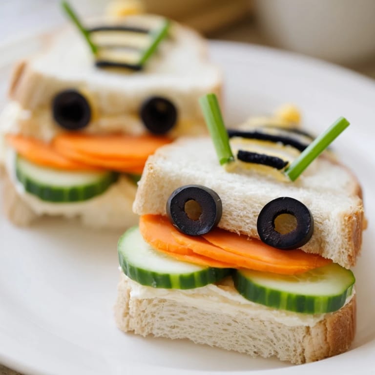 Playful bee-shaped sandwiches are surrounded by colorful snacks perfect for a kids picnic.