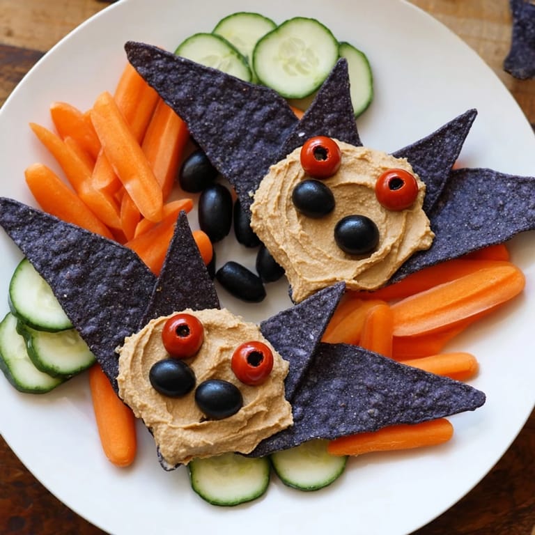 Festive Spooky Bat Bean Dip with chips and veggies, perfect for dipping and a spooky party.