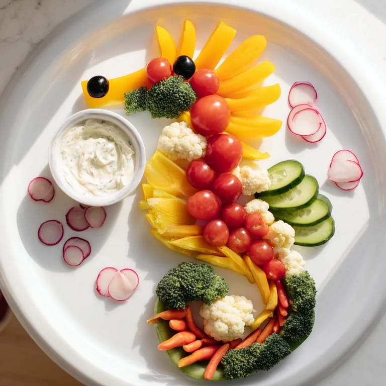 Enjoy a whimsical Seahorse Veggie Dip Platter, a vegetarian-friendly, party-ready, and delicious food creation.