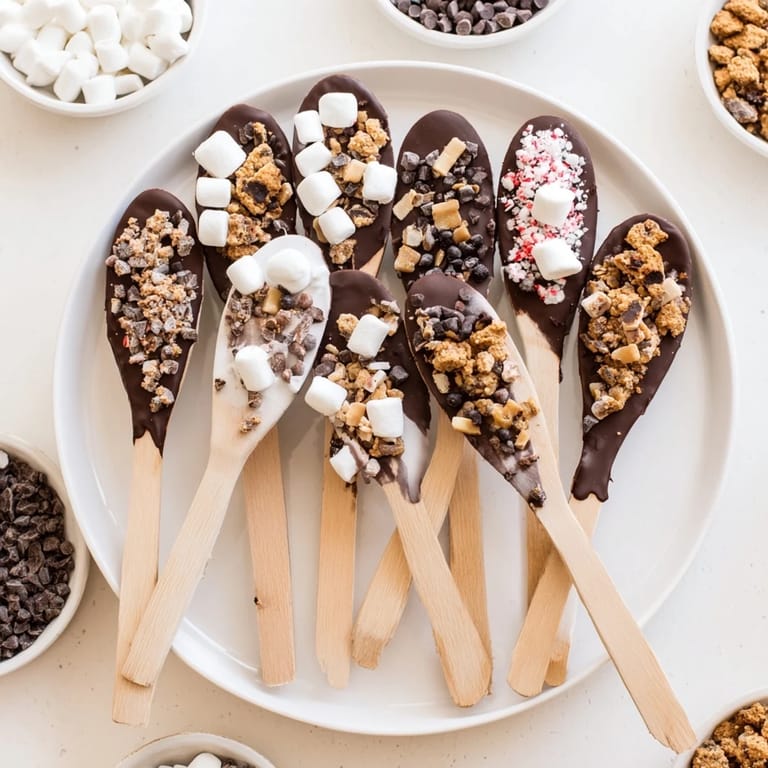 Perfect for a festive gathering: a detailed shot of the hot chocolate spoon toppings board and all its colorful treats.