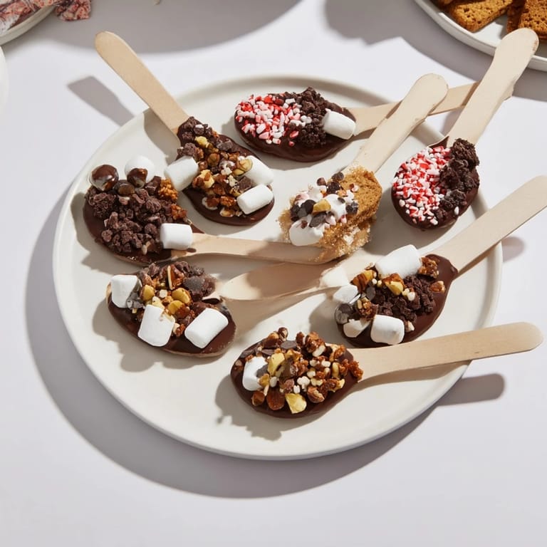 This vibrant hot chocolate spoon toppings board displays shimmering chocolate spoons ready for a delightful, sweet dip.