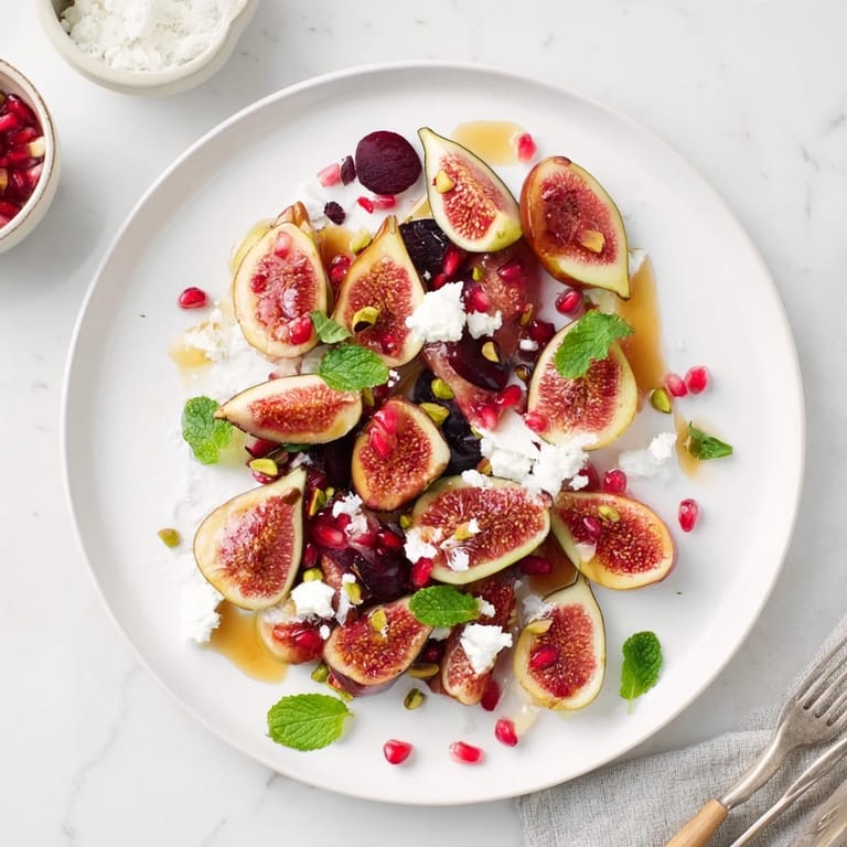 This Winter Fruit Fig and Date Snowdrift Platter showcases ripe figs, juicy dates, and pomegranate jewels for your dessert.