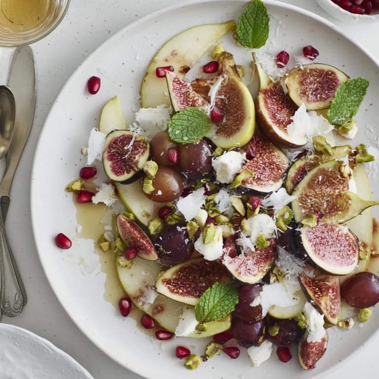 A festive Winter Fruit Fig and Date Snowdrift Platter, drizzled with honey, is a visually appealing, delicious treat.