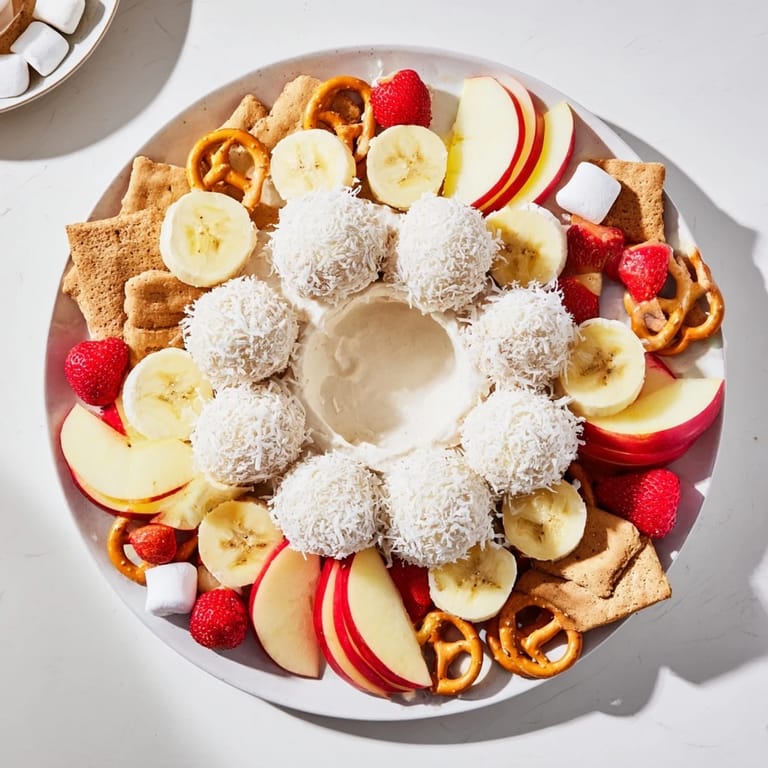 This festive Marshmallow Snowball Dip Platter features a delicious creamy dip perfect for party snacking and holiday treats.