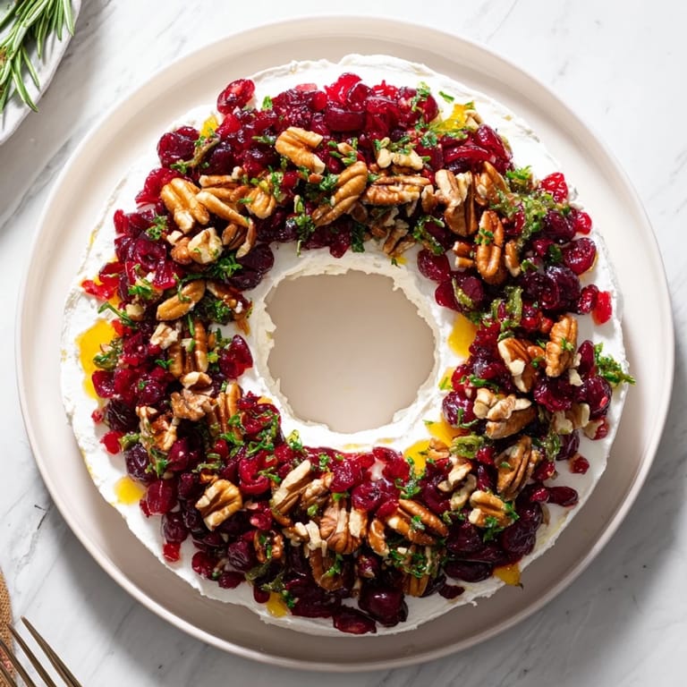 A close-up of the delicious Cranberry Feta Dip Wreath, garnished with rosemary and pecans for a festive look.