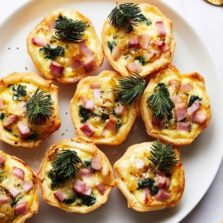 A close-up of a Mini Quiche Holiday Village Board, offering savory bites and holiday cheer everyone loves.