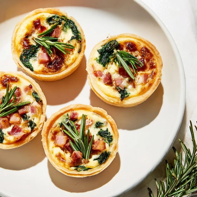 Golden, savory Mini Quiche Holiday Village Board with creamy fillings, served on a decorated wooden board.
