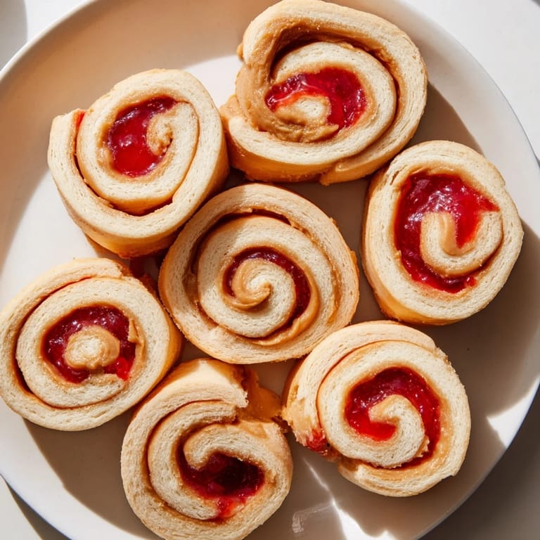 Delicious quartered PB&J pinwheel rolls arranged neatly, perfect for a quick and fun snack time.