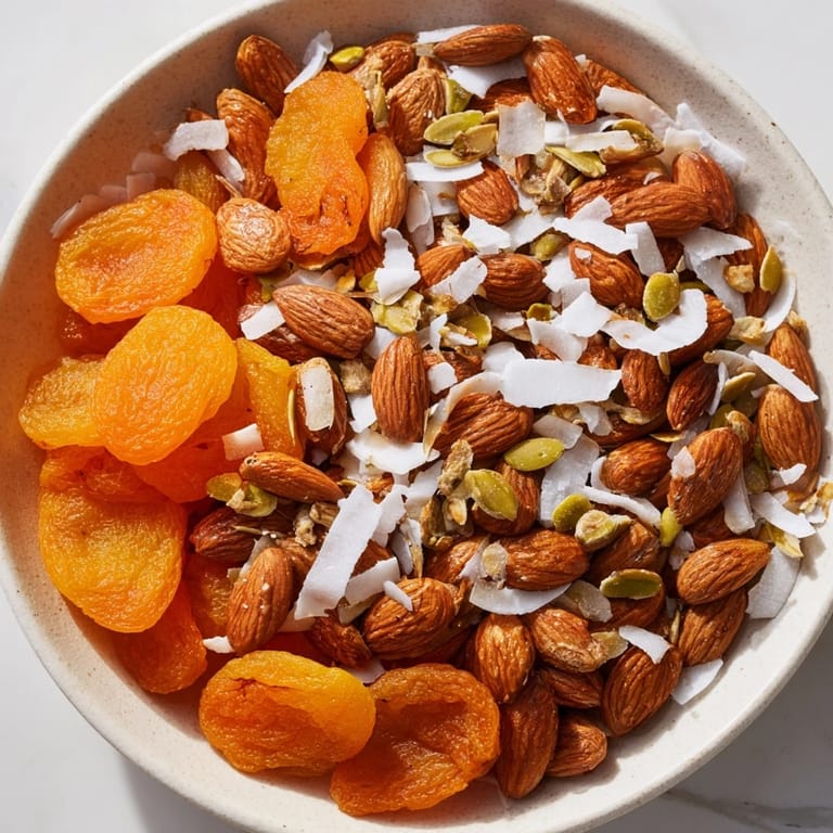 Almonds and Dried Apricots piled high: Close-up of the sweet fruit and crunchy nuts ready to enjoy now.