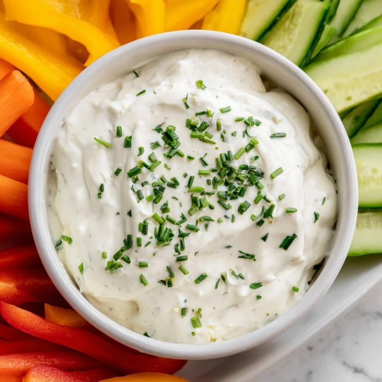Vibrant photo of Kids Dip: a cool, creamy ranch dip next to fresh, crunchy veggie sticks on a platter.