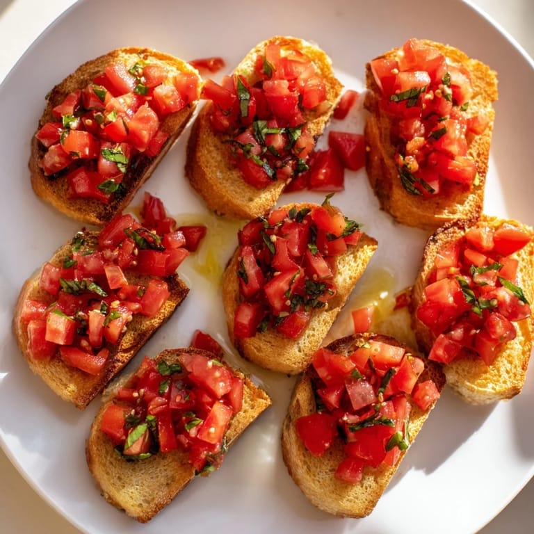 Elegant and simple: crispy baguette bruschetta toasts, ready to eat along a stylish diagonal line.