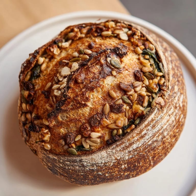 Close-up photo of the intricate spiral design on a freshly baked Fibonacci Spiral Growth Bread loaf.