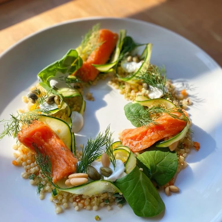 A delicious serving of "The Infinity Loop" features perfectly cooked fish, healthy vegetables, and fluffy couscous.