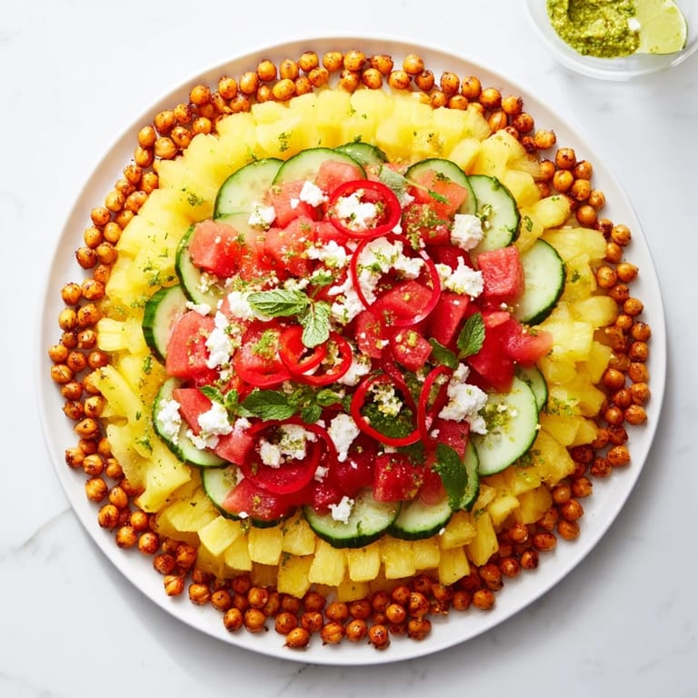 This stunning concentric rings of flavor dish showcases a beautiful arrangement of colorful, fresh ingredients.