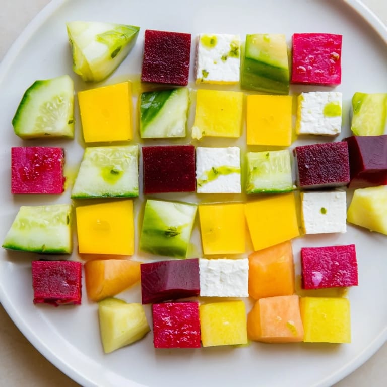 A fresh, vibrant Cube Geometry Salad featuring colorful cubes drizzled with lemon vinaigrette.