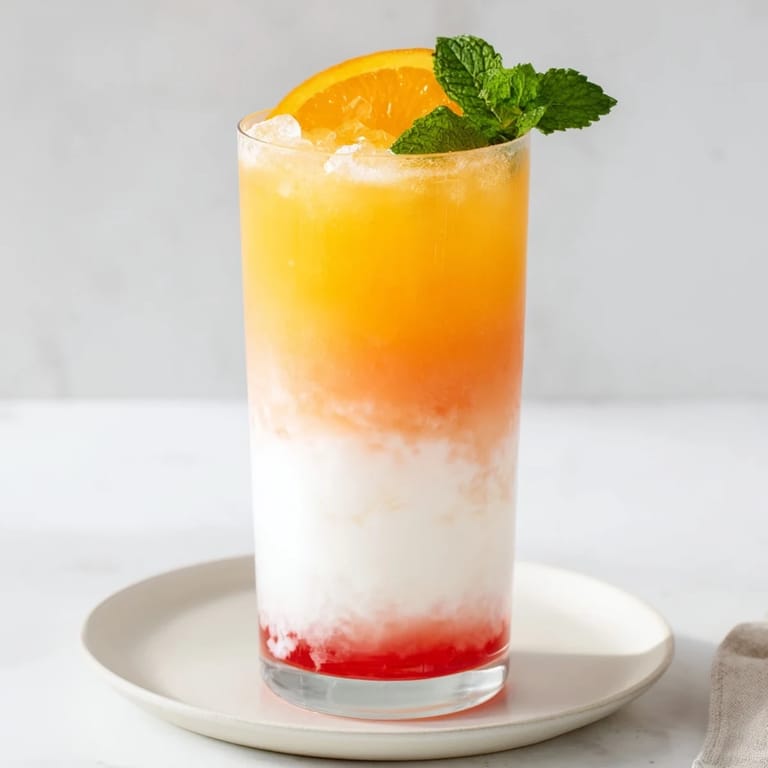 A festive Alpine Sunrise layered mocktail, featuring orange juice and striking red grenadine.