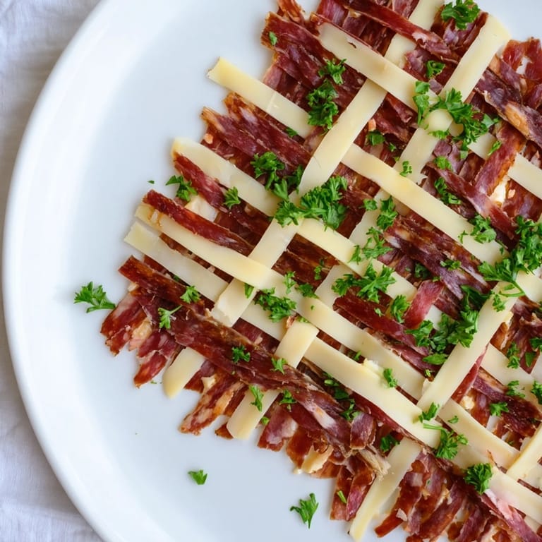 Woven The Tartan Plaid, a creative appetizer featuring jerky and cheese arranged for visual appeal.