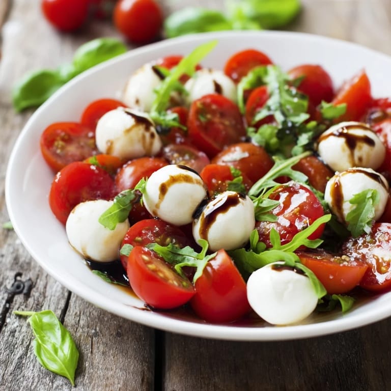 This Pearly Strand salad showcases creamy mozzarella pearls with bright arugula and basil, a feast for any palate.