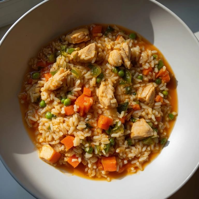 This vibrant One-Pot Chicken and Rice dish, a complete meal, with aromatic spices and budget-friendly ingredients.